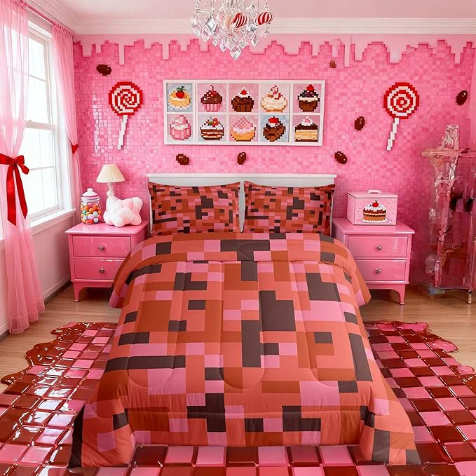 Fashionable Pixelated Miners Game Kids Comforter Set Queen Size Camo Geometric Check Bedding Set Boys Room Decor Reversible Gamepad Video Games Quilt Comforter Red Brown Duvet Set Bedroom Quilt Set 2 Pillowcases Exceptional