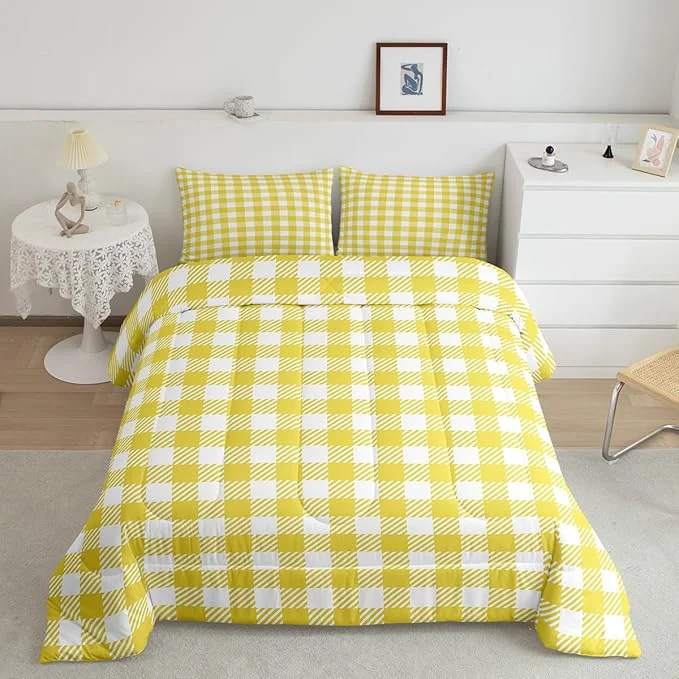 Outstanding Manfei Yellow Plaid Comforter Set Buffalo Check Plaid Bedding Set Classic Gingham Pattern Bedding Home Decor Yellow White Scottish Comforter Queen Size Quilted Duvet Set 1 Comforter with 2 Pillowcase Proven