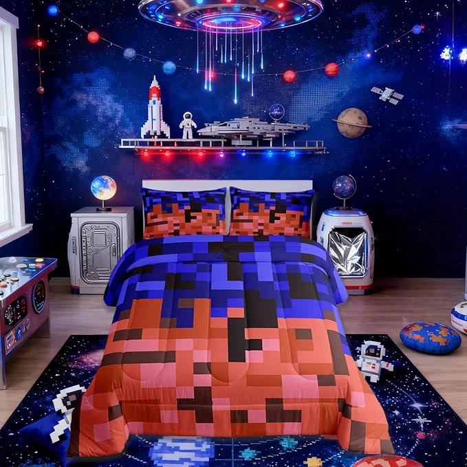 Detailed Pixelated Blocks Miners Comforter Set King Size Video Games Game Gamepad Kids Bedding Set Geometric Grid Patchwork Quilt Comforter Blue Red Duvet Insert 2 Pillowcases Next-Generation