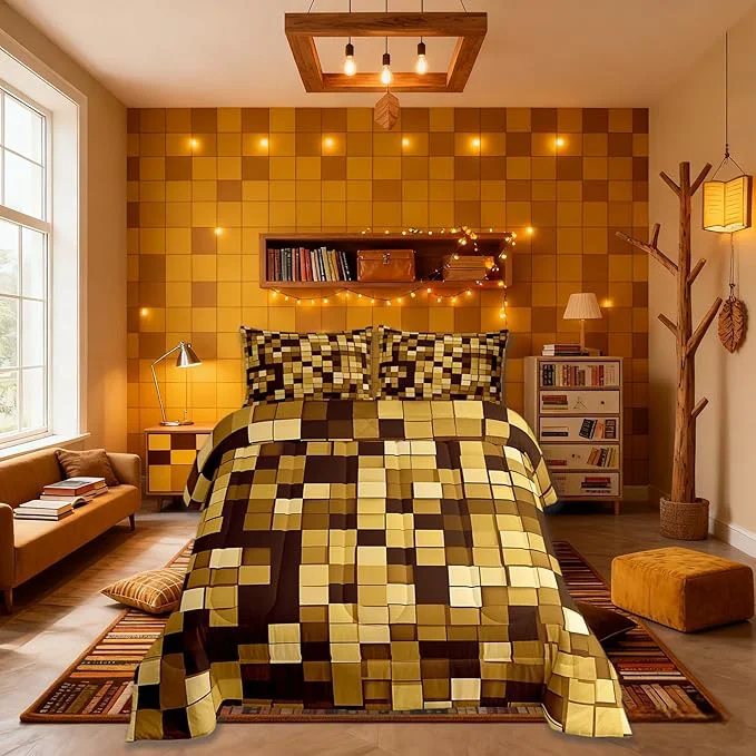 Original Design Pixelated Miners Game Kids Bedding Set Queen Size Geometric Check Video Games Comforter Set，Gamepad Grid Modern Quilt Comforter Dark Yellow Bedroom Duvet Insert 2 Pillowcases Dependable
