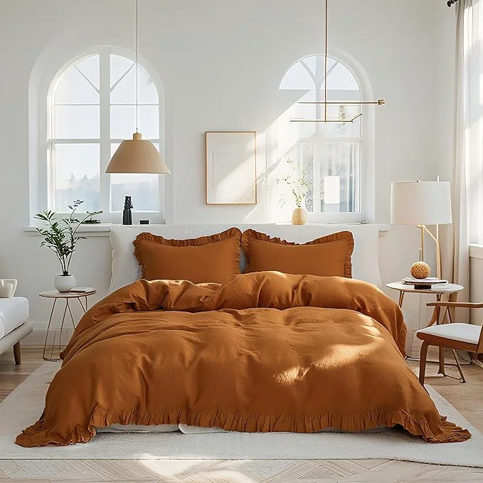 Premium Material Simple amp Opulence Linen Duvet Cover Set 3 PCS Natural French Flax Rust Ruffle Duvet Cover King Size Breathable Comfy Linen Bedding Comforter Cover with 2 Pillowcases Rust 104 quot X 92 quot Secure