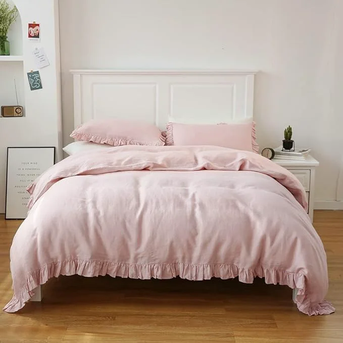 Certified Simple amp Opulence Linen Duvet Cover Set 3 PCS Natural French Flax Blush Pink Ruffle Duvet Cover King Size Breathable Comfy Linen Bedding Comforter Cover with 2 Pillowcases Blush Pink 104 quot X 92 quot Exclusive