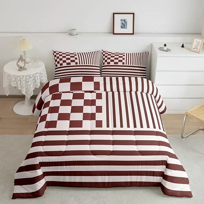 Trusted Brown Check Comforter Set Fashion Buffalo Plaid Bedding Set Modern Simple Style Bedding Home Decor Brown Stripes Geometric Comforter Full Size Quilted Duvet Set 1 Comforter with 2 Pillowcase Innovative