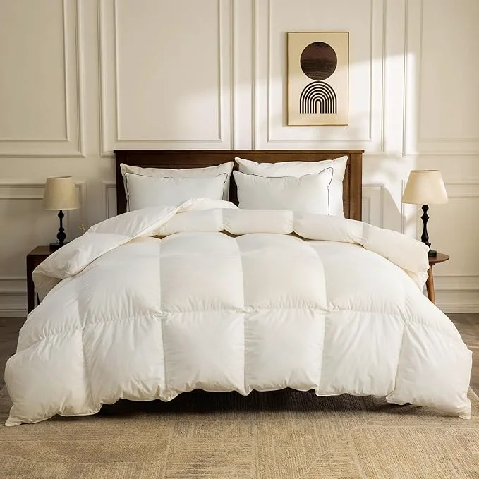 Stylish BPC Lightweight Organic Feather Down Comforter King Size Hotel-Luxury Fluffy Duvet Insert with Cotton Cover and Puffy Feather Down Filling for Summer Hot Sleepers Ivory White 106×90 Inches