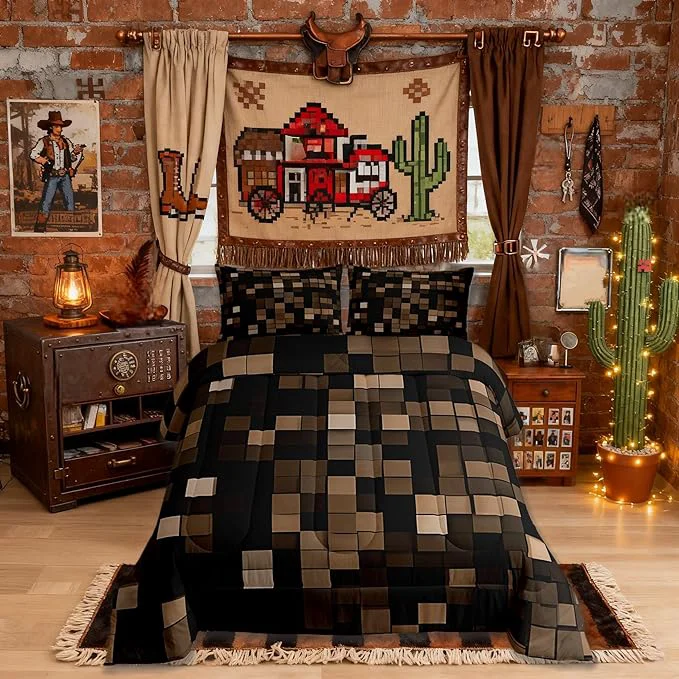 Premium Material Pixel Grid Miners Comforter Set Full Size Video Games Plaid Lattice Kids Bedding Set Geometric Modern Check Quilt Comforter Brown Duvet Insert 2 Pillowcases First-Class
