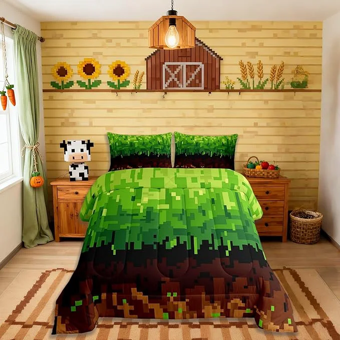 Crafted Pixelated Comforter Set Full Size Patchwork Grid Video Games Kids Bedding Set Miners Lattice Simple Quilt Comforter Brown Green Duvet Insert 2 Pillowcases Versatile
