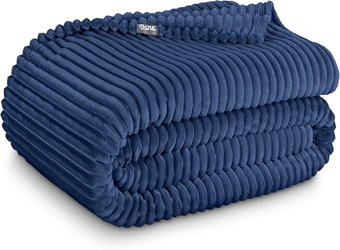 Expertly Made Bare Home Textured Fleece Blanket – Twin Twin Extra Long – Ultra-Soft Lightweight for Bed Sofa and Couch – Luxury Microplush – Cozy Warm Blanket Twin Twin XL Ribbed Dark Blue Practical