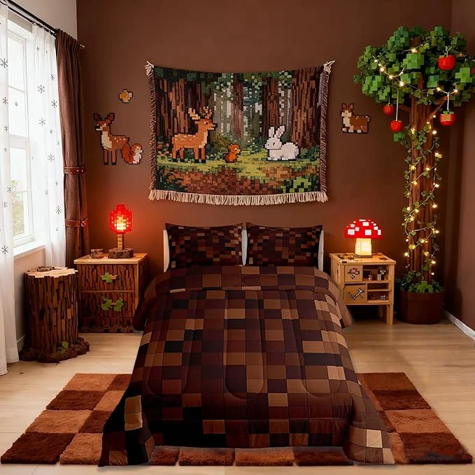 Reusable Miners Pixel Checked Comforter Set King Size Video Games Check Lattice Kids Bedding Set Game Cartoon Gamepad Quilt Comforter Dark Brown Duvet Insert 2 Pillowcases Environmentally Friendly