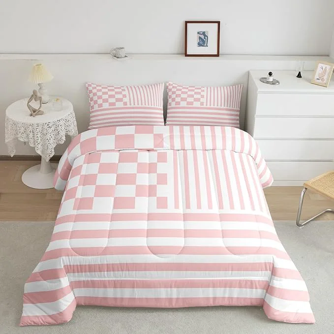 Premium Pink Check Comforter Set Fashion Buffalo Plaid Bedding Set Modern Simple Style Bedding Home Decor Pink Stripes Geometric Comforter King Size Quilted Duvet Set 1 Comforter with 2 Pillowcase