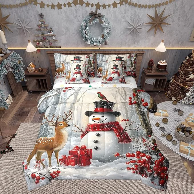 Premium Material Castle Fairy Winter Snowman Comforter Set Queen Size 7 Pcs Merry Christmas Theme Bedding Set for Girls Teens Bedroom Decor Wild Breds Trees Deer Bed in a Bag with Comforter Sheets and Pillow Cases Pure
