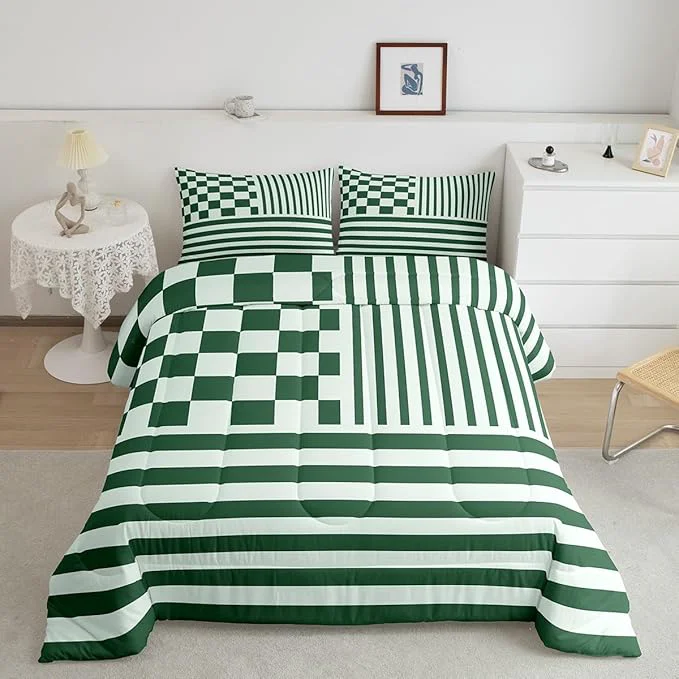 Minimalist Green Plaid Comforter Set Fashion Buffalo Check Bedding Set Green Stripes Geometric Bedding Home Decor Modern Simple Style Comforter King Size Quilted Duvet Set 1 Comforter with 2 Pillowcase Practical