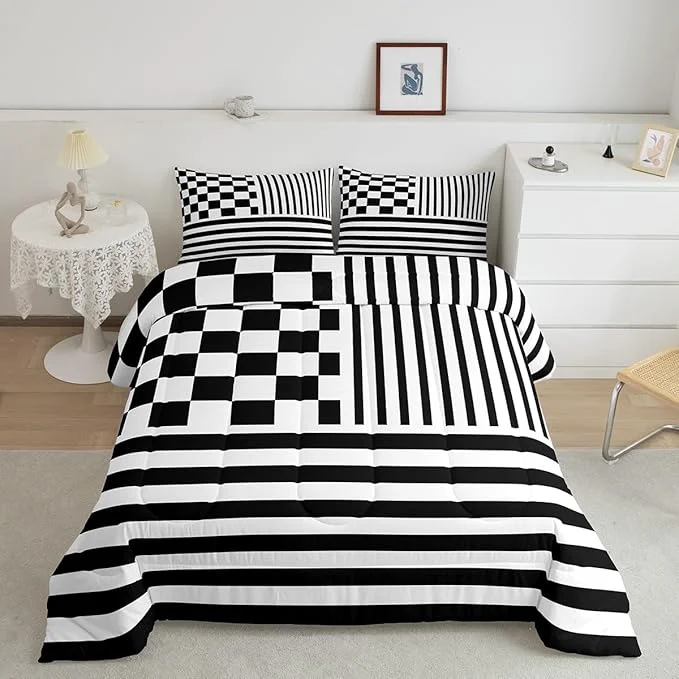 Casual Black Check Bedding Set Queen Size Fashion Buffalo Plaid Comforter Modern Simple Style Comforter Set Black Stripes Geometric Duvet Set 3Pcs Quilt Set 1 Comforter Set with 2 Pillowcase Fashionable