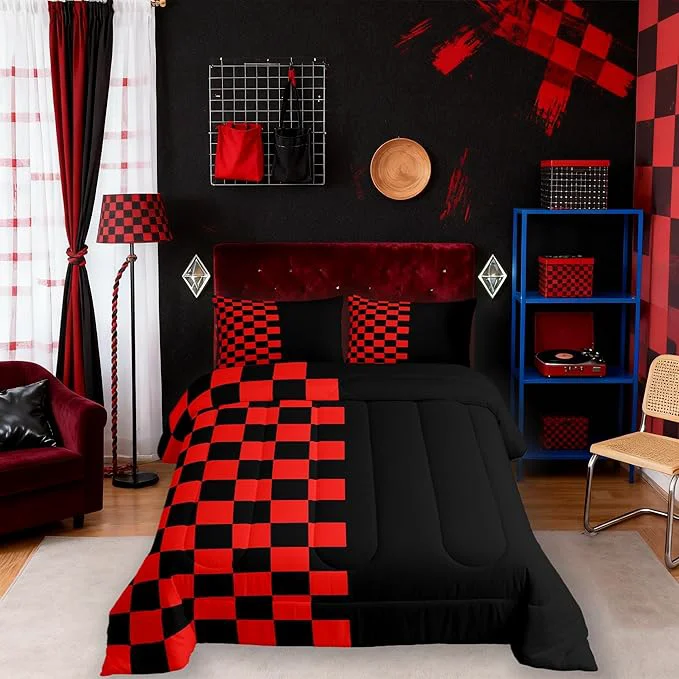 Pure Geometric Lattice Kids Bedding Set King Size Video Games Check Lattice Comforter Set，Grid Fashion Simple Quilt Comforter Black Red Bedroom Duvet Insert 2 Pillowcases Casual