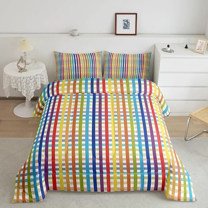 Pure Manfei Colorful Plaid Bedding Set Full Size Buffalo Check Plaid Comforter Classic Gingham Pattern Comforter Set Cartoon Stripes Geometric Duvet Set 3Pcs Quilt Set 1 Comforter Set with 2 Pillowcase Specialty