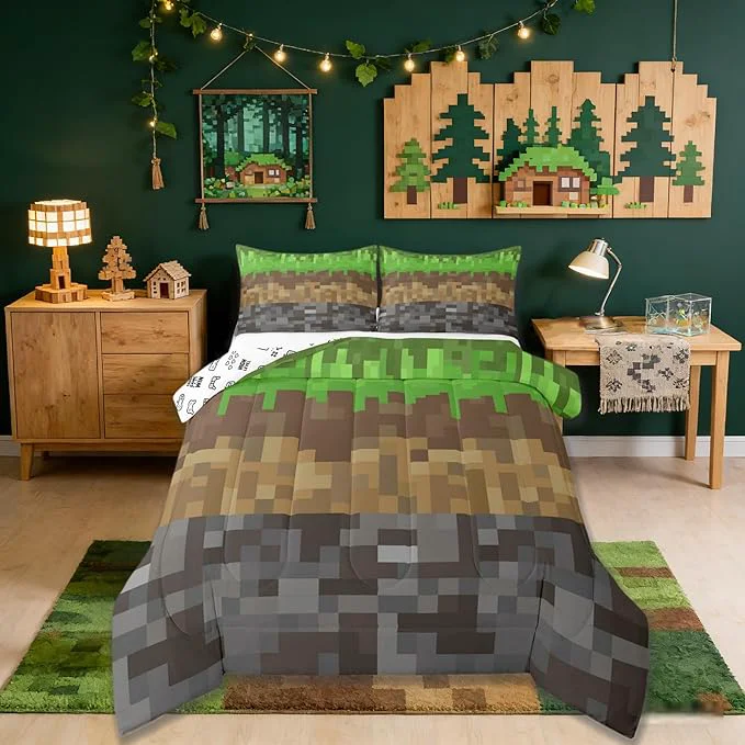 Genuine Miners Pixel Checked Comforter Set King Size Video Games Check Lattice Kids Bedding Set Game Cartoon Gamepad Quilt Comforter Gray Green Brown Duvet Insert 2 Pillowcases Modern
