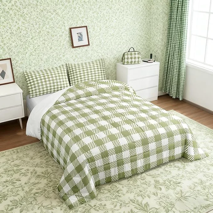 Smooth Manfei Green Plaid Comforter Set Buffalo Check Plaid Bedding Set Classic Gingham Pattern Bedding Home Decor Light Green White Scottish Comforter King Size Quilted Duvet Set with 2 Pillowcase Next-Generation