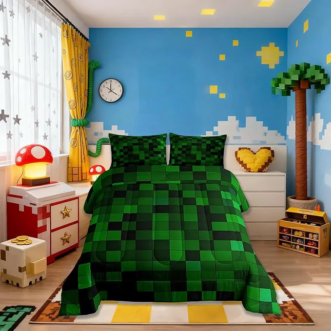 Innovative Pixelated Miners Game Kids Bedding Set King Size Geometric Check Video Games Comforter Set Gamepad Grid Gaming Quilt Comforter Dark Green Bedroom Duvet Insert 2 Pillowcases Crafted