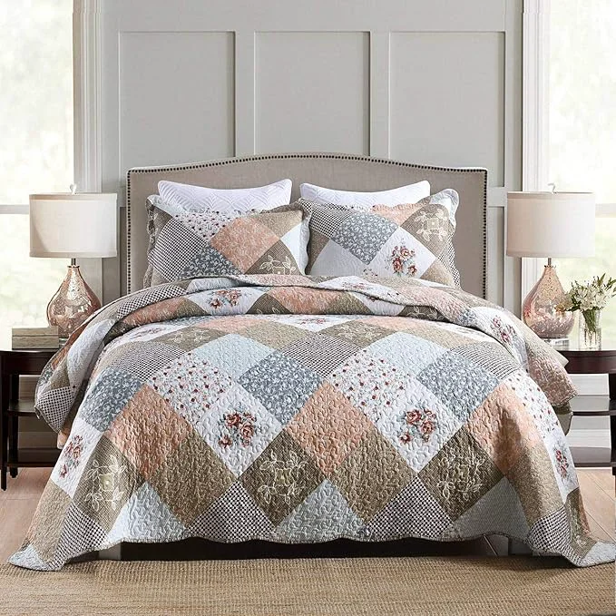 Next-Generation HoneiLife Quilt Set Twin Size – 2 Piece Microfiber Quilts Reversible Bedspreads Patchwork Coverlets Floral Bedding Set All Season Quilts with Geometric and Little Rose Print Pattern，Coffee Solid