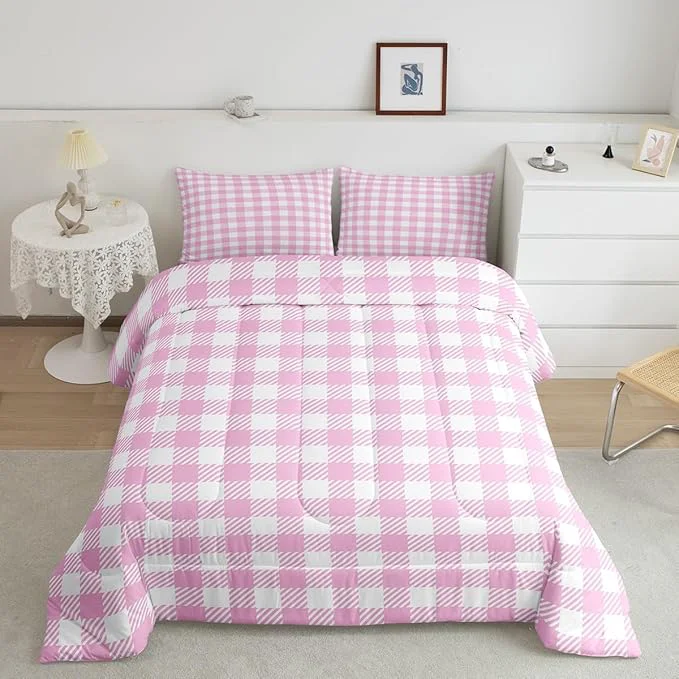Soft Manfei Pink Plaid Comforter Set Buffalo Check Plaid Bedding Set Classic Gingham Pattern Bedding Home Decor Pink White Scottish Comforter King Size Quilted Duvet Set 1 Comforter with 2 Pillowcase Versatile