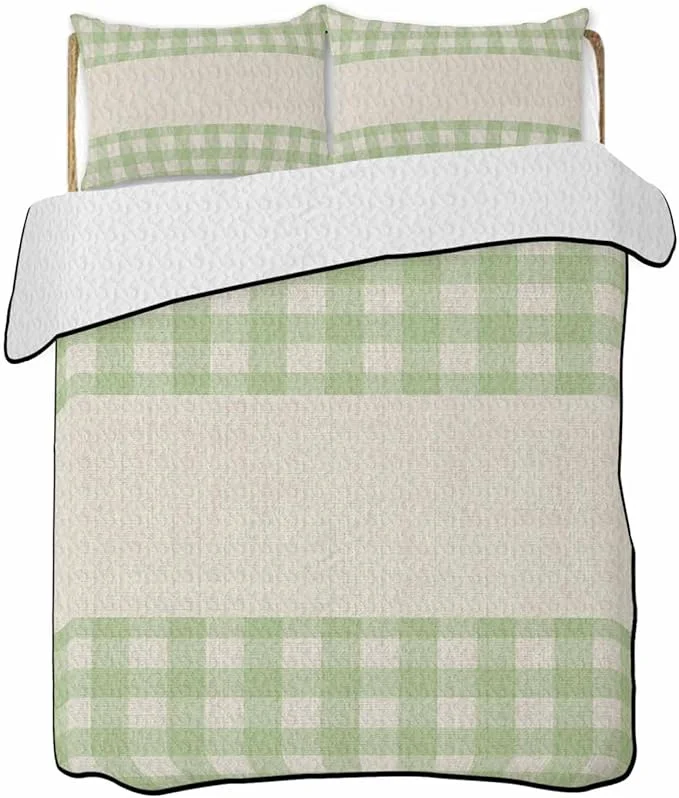 Clean Twin Quilt Bedding Set Retro Green Lightweight Summer Quilt 3 Pieces Bedding Sets Farmhouse Buffalo Plaid Vintage Beige Reversible Soft Bedspreads Coverlets with 2 Pillow Shams for All Season Easy-to-Use