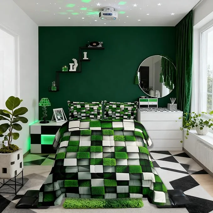 Reusable Pixelated Miners Game Kids Bedding Set King Size Video Games Cartoon Gamepad Comforter Set，Modern Geometric Check Quilt Comforter Green White Bedroom Duvet Insert 2 Pillowcases Official