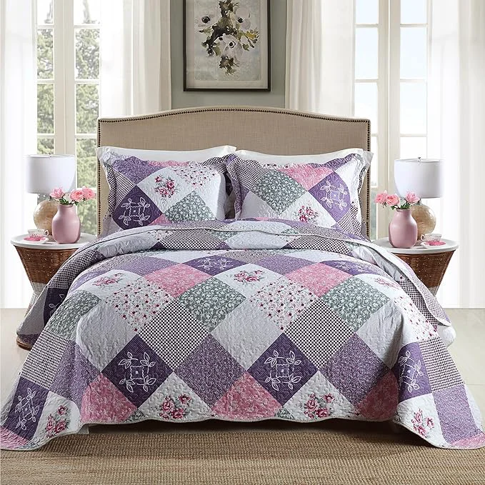 Official HoneiLife Quilt Set Queen Size – 3 Piece Microfiber Reversible Bedspreads Patchwork Coverlets Floral Bedding Set All Season Quilts with Geometric and Little Rose Print Pattern Healthy