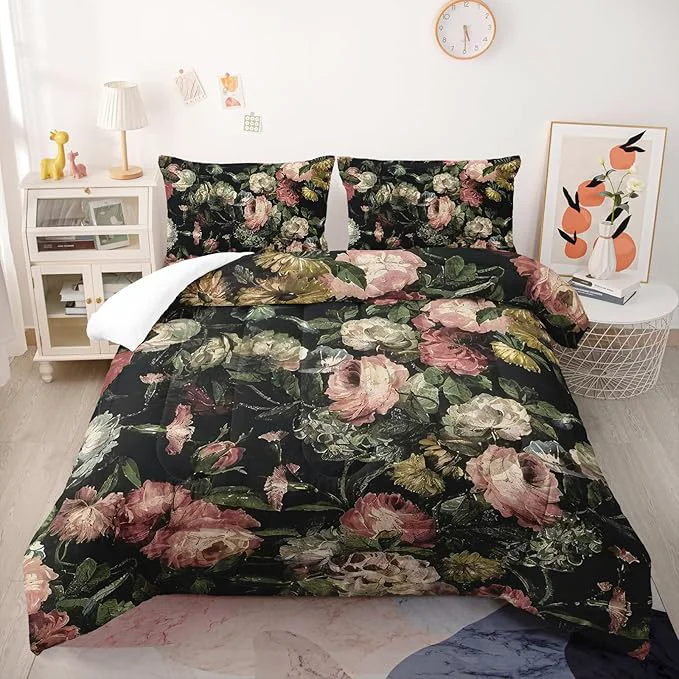 Boho Floral Comforter Set Queen Black Floral Bedding Sets 3PCS for Kids Teen Adult Flowers Leaves Room Decor Ultra-Soft Lightweight Microfiber 1 Comforter with 2 Pillowcases Verified