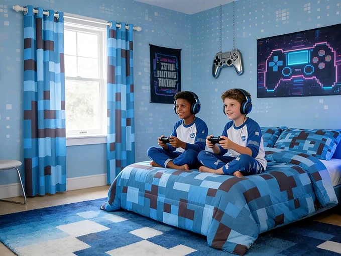 Original Design Pixel Grid Miners Kids Comforter Set Twin Size Reversible Gamepad Video Games Bedding Set Boys Room Decor Army Camo Geometric Quilt Comforter Black Light Blue Duvet Set Bedroom Quilt Set 1 Pillowcase Responsible