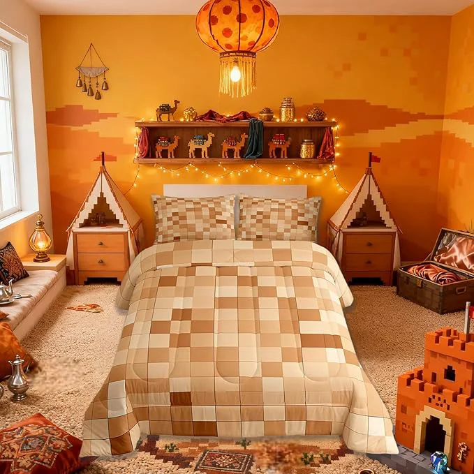 Stylish Pixelated Miners Blocks Kids Bedding Set King Size Patchwork Square Video Games Comforter Set Geometric Patchwork Grid Quilt Comforter Light Brown Bedroom Duvet Insert 2 Pillowcases Refined