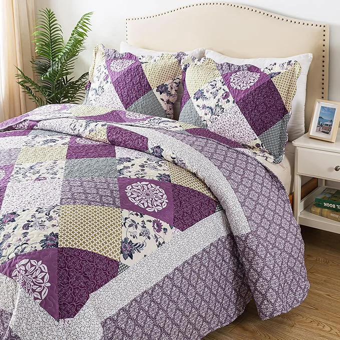 Original HoneiLife Queen Size Quilt Sets – 3 Pieces Queen Quilt Bedding Set Microfiber Quilt Set Lightweight Bedspreads Reversible Coverlets Retro Bed Cover Floral Bedding Set All Season Quilts-Beige amp Purple Prestigious