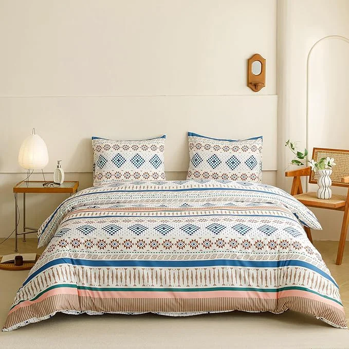 Eco-Friendly KAREVER Boho Comforter King Aztec Bedding Set Southwest Theme 3 PCs Bohemian Comforter Set Blue White King Size Comforter 104×90 Inches with 2 Pillowcases 26×36 inches World-Class