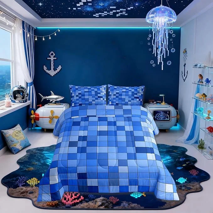 First-Class Pixel Grid Miners Comforter Set King Size Video Games Plaid Lattice Kids Bedding Set Geometric Check Quilt Comforter Light Blue Duvet Insert 2 Pillowcases Healthy