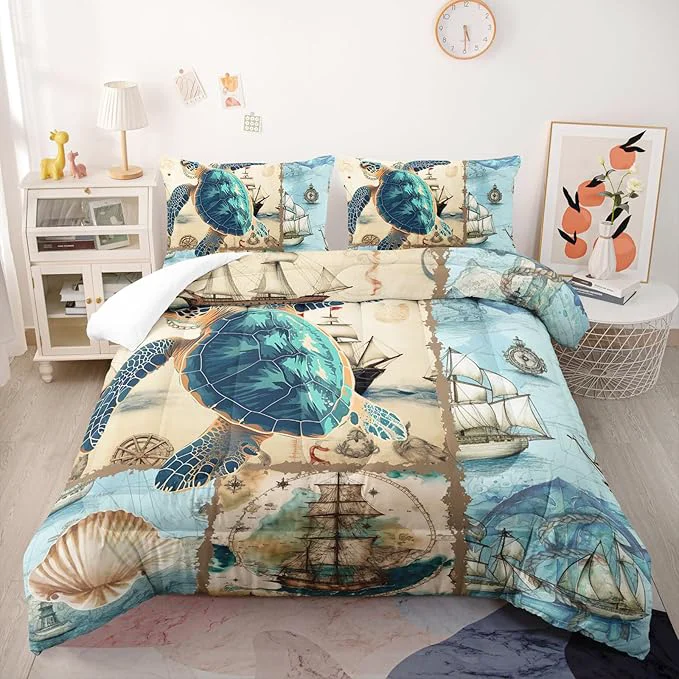 High-Quality Sea Turtle Comforter Set Twin Navigation Theme Bedding Sets 3PCS for Kids Teen Adult Sailboats Room Decor Ultra-Soft Lightweight Microfiber 1 Comforter with 2 Pillowcases User-Friendly