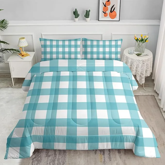 Exclusive 3Pcs Gingham Bedding for Girls Geometric Patchwork Comforter Set for Boys Girls Kids Teal Plaid Checkered Comforter for Kids Twin Size Vintage Farmhouse Bedding Set 1 Quilt 2 Pillowshams Lightweight