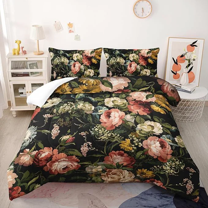 Relaxed Black Floral Comforter Set King Colorful Floral Bedding Sets 3PCS for Kids Teen Adult Flowers Leaves Room Decor Ultra-Soft Lightweight Microfiber 1 Comforter with 2 Pillowcases Innovative