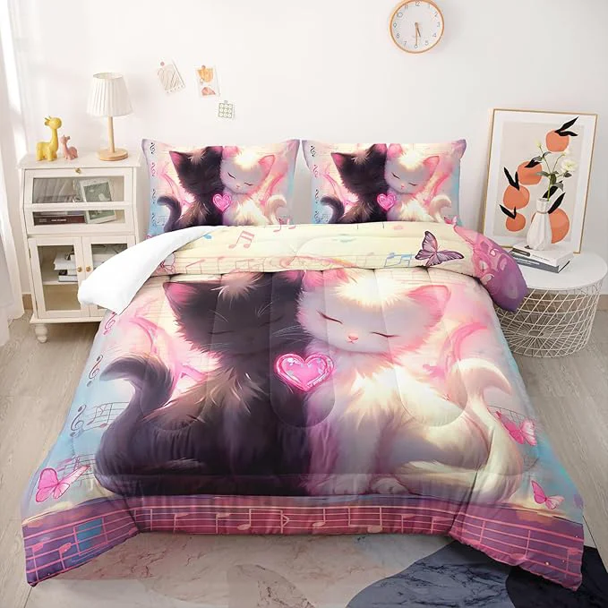 High-End Cute Cat Comforter Set Full Pink Black Cat Bedding Sets 3PCS for Kids Teen Adult Kawaii Room Decor Ultra-Soft Lightweight Microfiber 1 Comforter with 2 Pillowcases Green