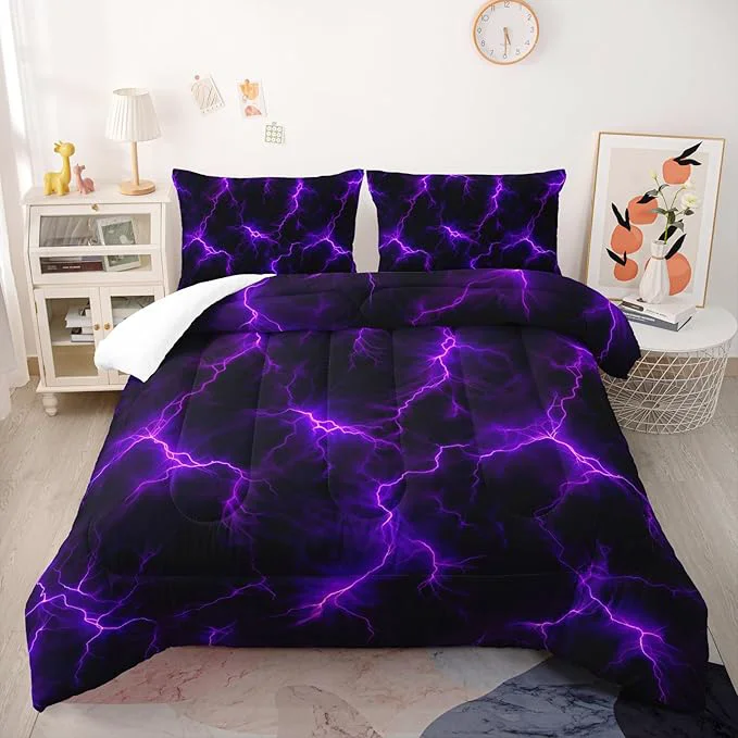 Crafted Violet Lightning Comforter Set Full Thunder Bedding Sets 3PCS for Kids Teen Adult Violet Room Decor Ultra-Soft Lightweight Microfiber 1 Comforter with 2 Pillowcases High-Performance