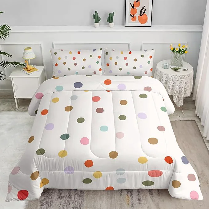 Carefully Designed Colorful Polka Dots Comforter Set for Girls Girly Kawaii Cartoon Bedding Queen Size Multicolor Circles and White Comforter for Girls Women Modern Geometry Bedding Set 1 Quilt 2 Pillowshams High-Performance