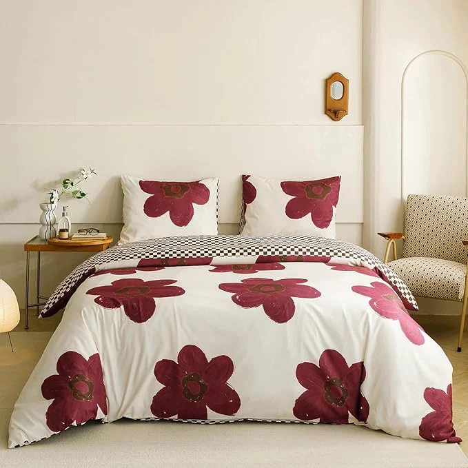 Fine Crafted KAREVER Burgundy Floral Comforter Cal King White with Burgundy Flower Bedding Set 3 PCs Comforter Set California King Size Comforter 104×96 Inches with 2 Pillowcases 26×36 inches First-Class