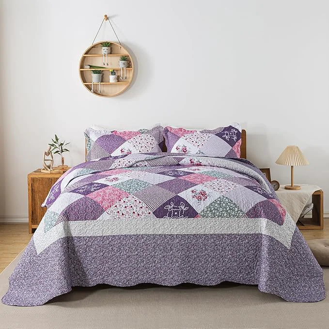 Luxury HoneiLife Oversized King Quilt 120×120-3 Pcs California King Bedspreads Extra Large Quilt Sets All Season Use Rustic Bedding Sets King Size Reversible Coverlet Microfiber Bed Quilts Purple Healthy