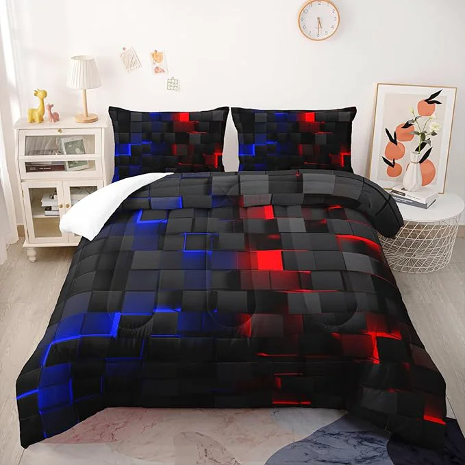 Detailed Red and Blue Checkered Comforter Set King Honeycomb Bedding Sets 3PCS for Kids Teen Adult Boy Room Decor Ultra-Soft Lightweight Microfiber 1 Comforter with 2 Pillowcases Fashionable