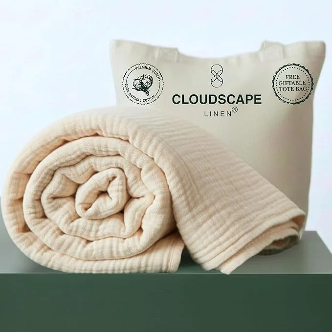 Safe CLOUDSCAPE Cotton Muslin Blanket King Size for Bed – Oversized 4 Layer 108×92 Fits Cal King Bed – Soft Breathable Gauze Lightweight All Season Summer Layering Blankets for Adults- Ivory High-End