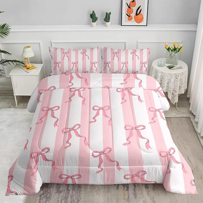 Premium Material Pink Bowknot Girls Comforter Set Twin Size Kawaii Cartoon Geometric Bedding for Kids Girls Bedroom Room Decor 3Pcs Bow Pink Striped Princess Romantic Comforter Set 1 Quilt 2 Pillowshams Classic