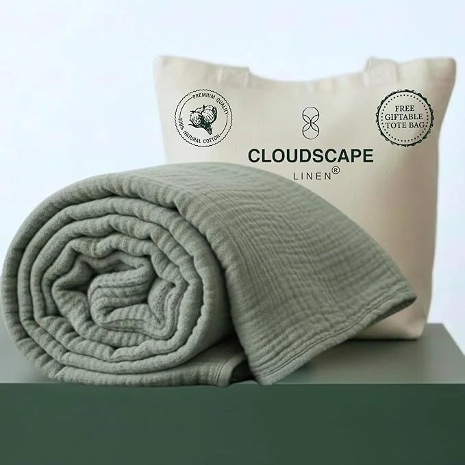 World-Class CLOUDSCAPE Cotton Muslin Blanket King Size for Bed – Oversized 4 Layer 108×92 Fits Upto Cal King Bed – Soft Breathable Gauze Lightweight All Season Summer Blanket for Adults- Olive Green Next-Generation