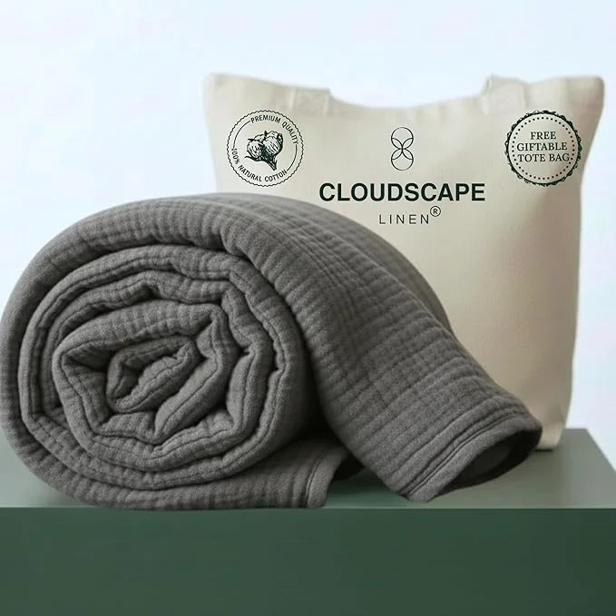 Traditional CLOUDSCAPE Cotton 4 Layer Muslin Blanket Queen Size Oversized 92×92 Fits Upto Full Size Bed Soft Breathable Lightweight Layering Summer Blanket for Adults Spring Gift Idea- Sharkskin Quality