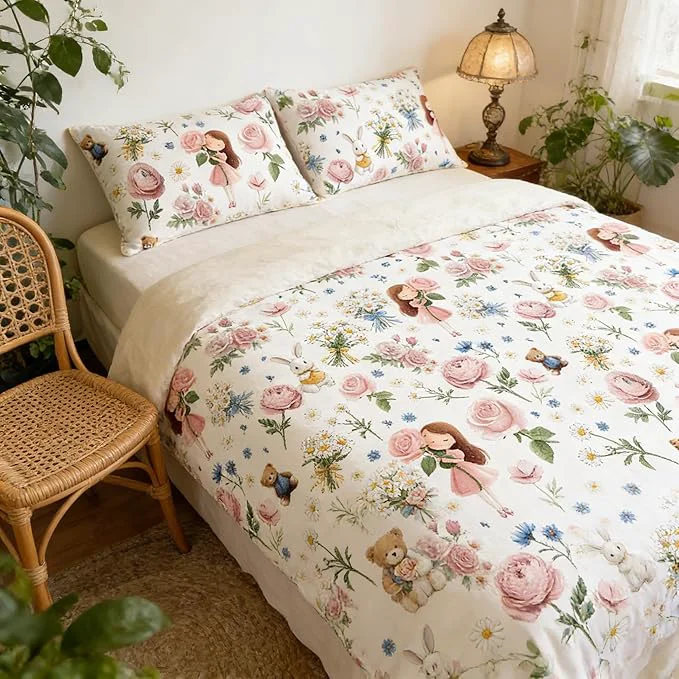 Efficient Pink Bed in A Bag Queen for Girls 5Pcs Pink Rose Bedding for Kids Kawaii Bedroom Decor Cute Priness Girly Rabbit Bear Comforter Set with 2 Pillowcases 90 quot x90 quot Safe