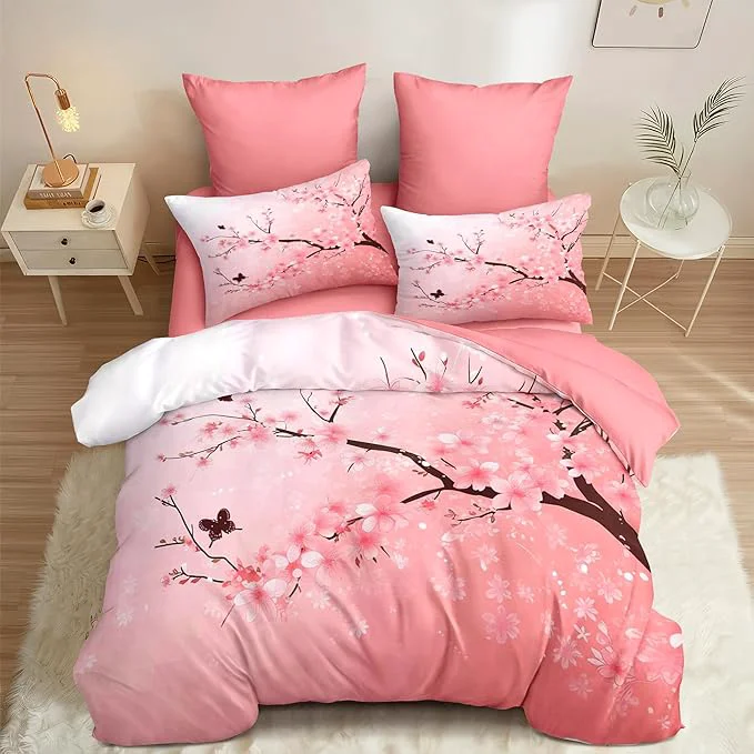 Durable Pink Floral Comforter Set Queen Size Cherry Blossom Bedding Set for Women Girls Japanese Flower Decor Quilt Set – 3Pcs Soft Fluffy Microfiber with 2 Pillowcases 90 90 Sophisticated