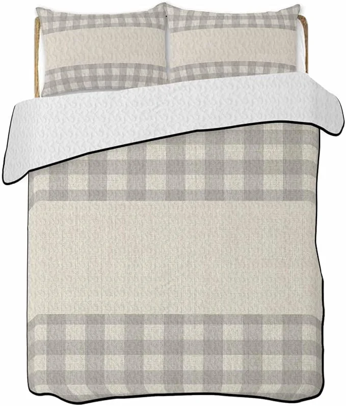 Minimalist Quilts Full Size Retro Grey Soft Comforter Bedding Set for Bed Farmhouse Buffalo Plaid Vintage Beige Lightweight Quilted Bedspread with Pillow Cover 2 Pieces for All Season 78×90 Inch Flexible