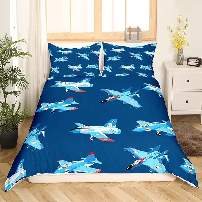 Trendy Castle Fairy Kids Aircraft Bedding Set Cartoon Transportation Vehicles Duvet Cover Set Boys Airplane Comforter Cover Navy Blue Bedspread Cover Bedroom Quilt Cover Full with 2 Pillowcase No Comforter Recyclable
