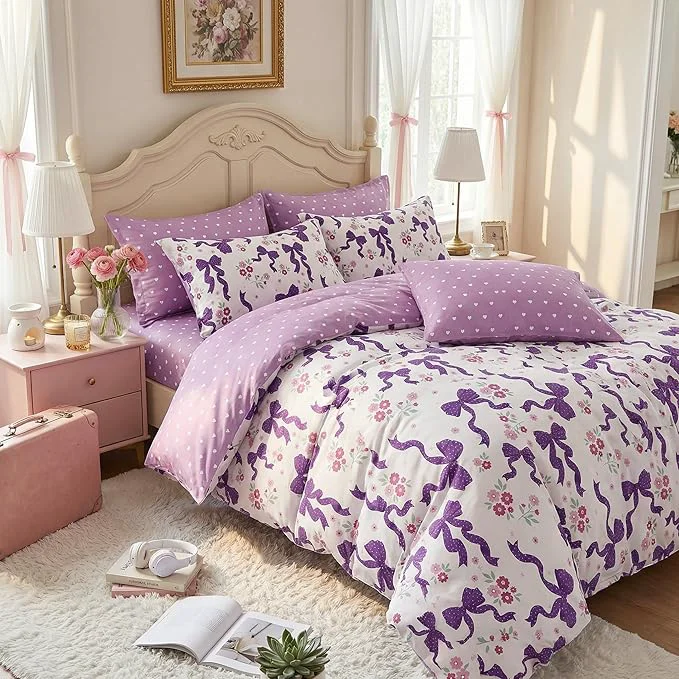 Clean Purple Bow Comforter Set Full Size for Girls 3Pcs Ribbon Bowknot Bedding for Kids Dreamy Priness Girly Bedroom Decor Puple Floral Comforter Set with 2 Pillowcases 79 quot x90 quot Excellent